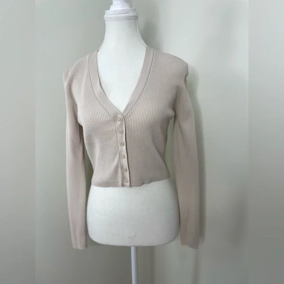 Zara Ecru Ribbed Knitted Crop Cardigan M - Picture 2 of 14